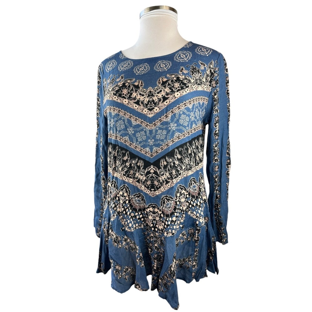 Free People Smooth Talker Tunic Mini Dress Geometric Boho Festival LS Blue Large - Picture 5 of 16